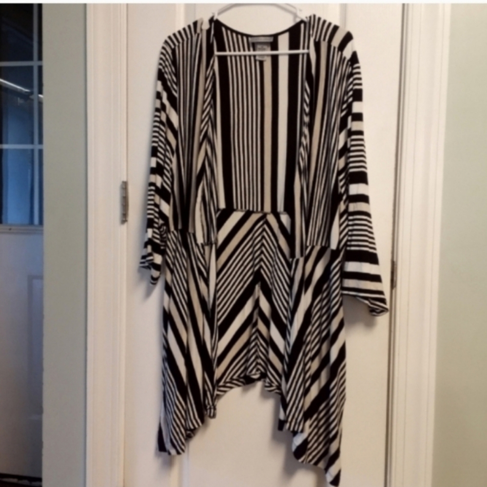 Catherine's Black & White Cream Striped Kimono Open Cardigan 4X Career Office